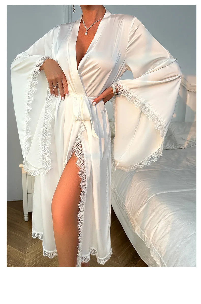 Long Bride Wedding Robe Women Elegant Sleepwear Big Sleeve Lace Full Slip Kimono Loungewear Soft White Rayon Home Dressing Gown