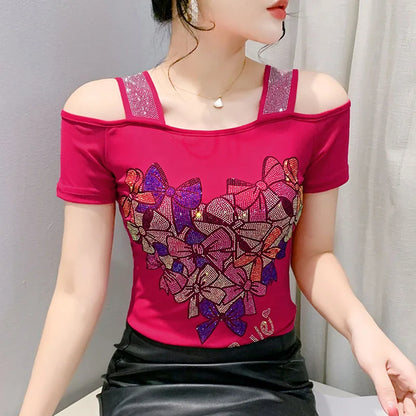 Aoxison Summer Short Sleeved Women's T-Shirt Elegant Slim Shiny Love Heart Diamonds Mesh Tops Chic Girl Sexy Off Shoulder Tees Rose