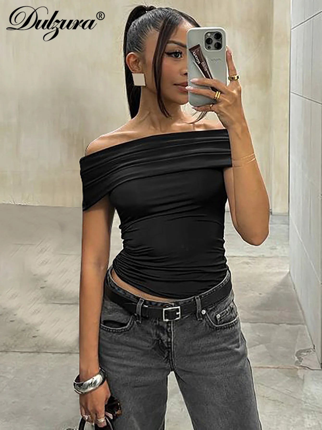 Dulzura Sleeveless Off Shoulder Ruched Bodycon Crop Top Solid Sexy Elegant T-Shirt Party Club Streetwear Spring Summer Top