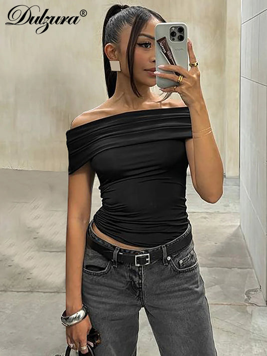 Dulzura Sleeveless Off Shoulder Ruched Bodycon Crop Top Solid Sexy Elegant T-Shirt Party Club Streetwear Spring Summer Top