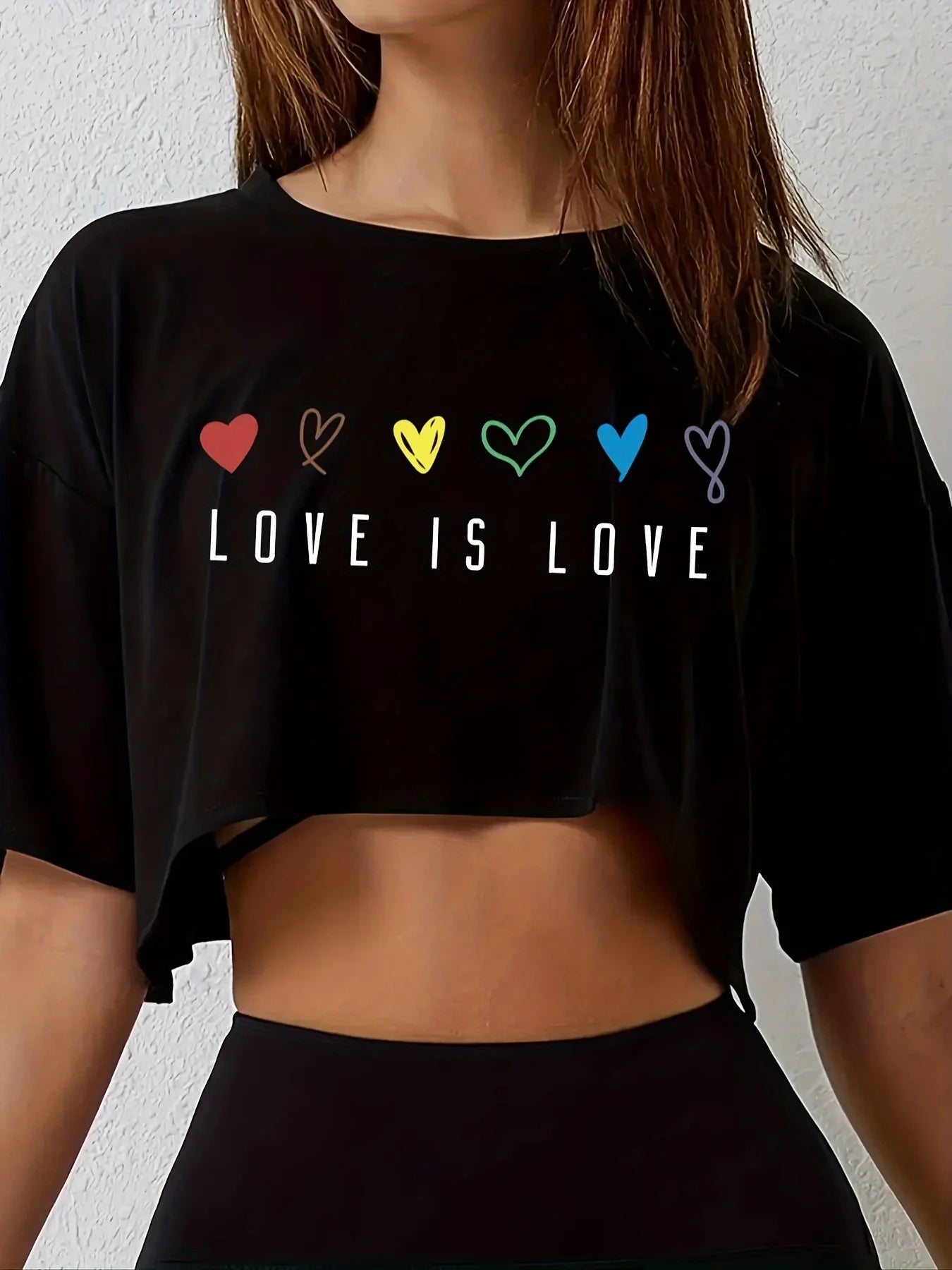 Womens Vibrant Pride Crop Top T-Shirt - Short Length Casual Loose Fit Breathable Medium Stretch Polyester Colorful Heart