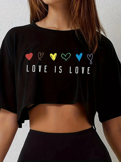 Womens Vibrant Pride Crop Top T-Shirt - Short Length Casual Loose Fit Breathable Medium Stretch Polyester Colorful Heart