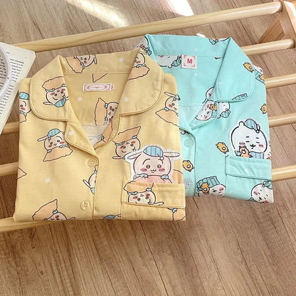 Kawaii Chiikawa Anime Pajamas Cartoon Usagi Hachiware Cute Girls Long Sleeves Long Pants Spring Autumn Student Home Clothes Set