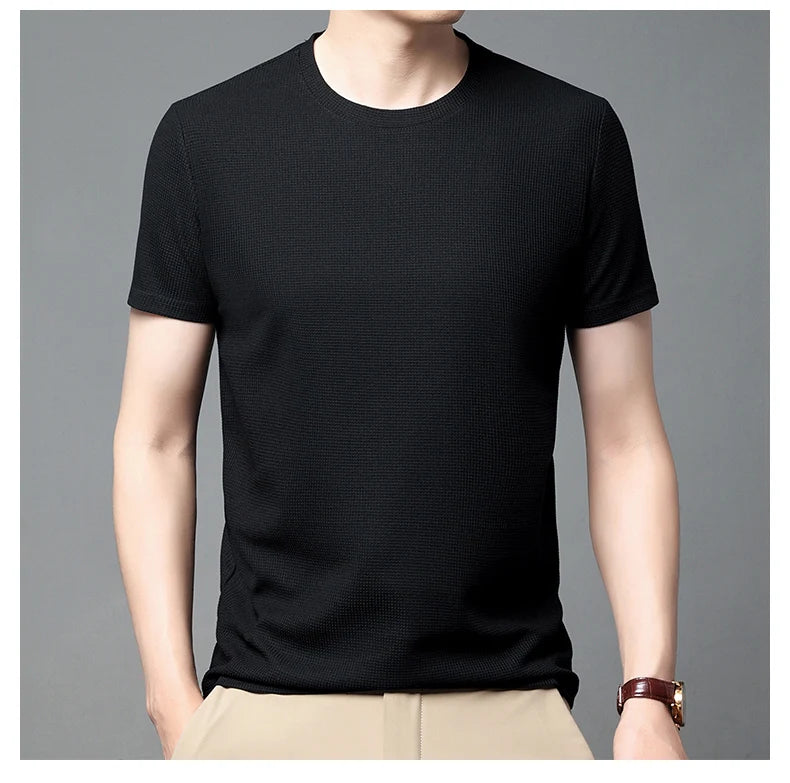 New Summer Waffle Round Neck Short Sleeved T-shirt for Men's Short Sleeved Top Badiee Stylez