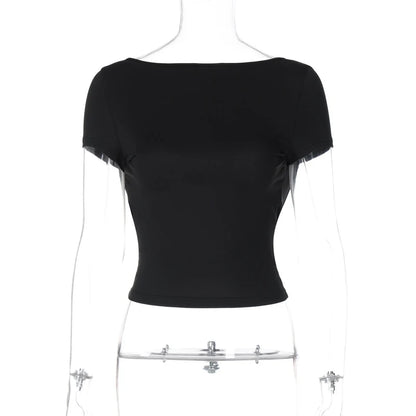 O Neck Short Sleeve Backless Ruched Crop Top Women'S Tshirt Y2K Streetwear Summer Spring Dropshipping Casual Clothing