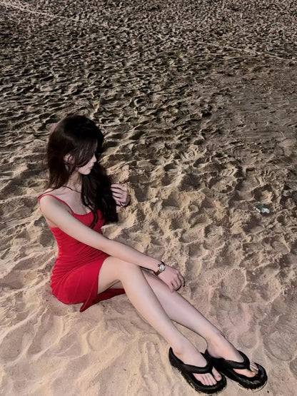 Pure wind red bow hollowed out beautiful back design halter dress female summer sexy slim-fit package hip skirt