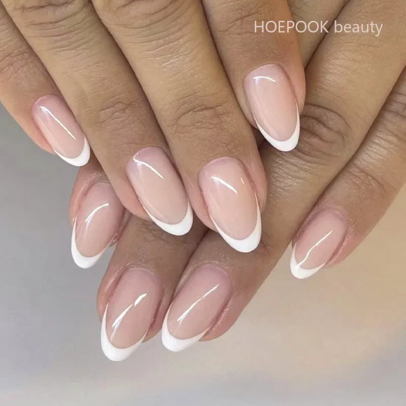 24pcs Nude French Fake Nails White Edge Almond False Nails Art Full Coverage Removable Waterproof Artificial Press on Nail HOT-JP2420