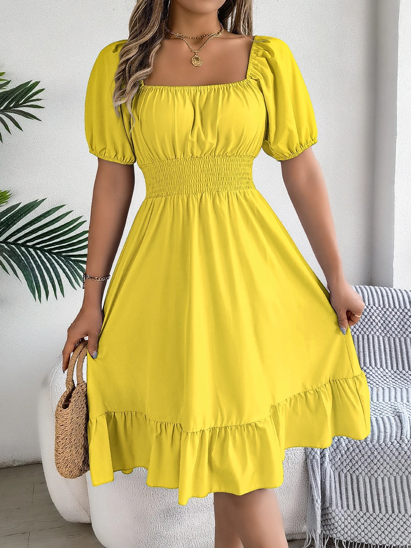 Spring and Summer Elegant High Waisted Dress Square Neck Short Sleeved Ruffled Edge Long Dresses for Women Badiee Stylez