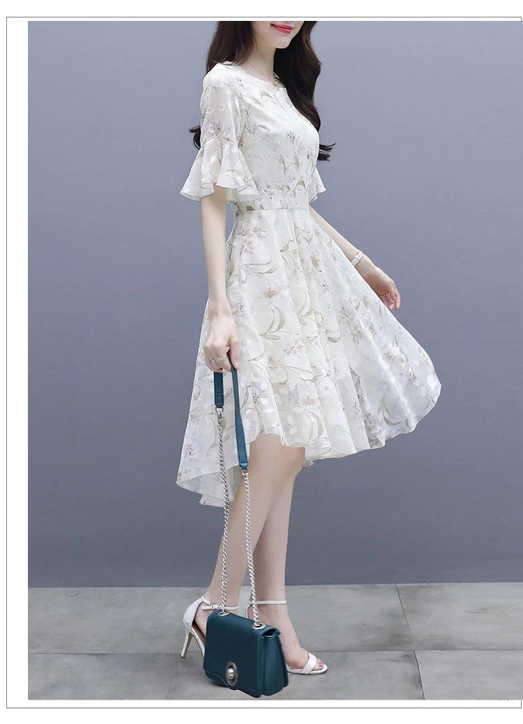 Ele Summer Women's Midi Dr ang Hai Sle Sweet Princ round Ne ort Sve A-Line Skirt Printed Chiffon Dr