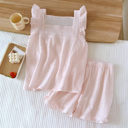 2025 Japanese summer new women's pajamas suit short-sleeved shorts two-piece 100% cotton crepe simple checked thin home clothes