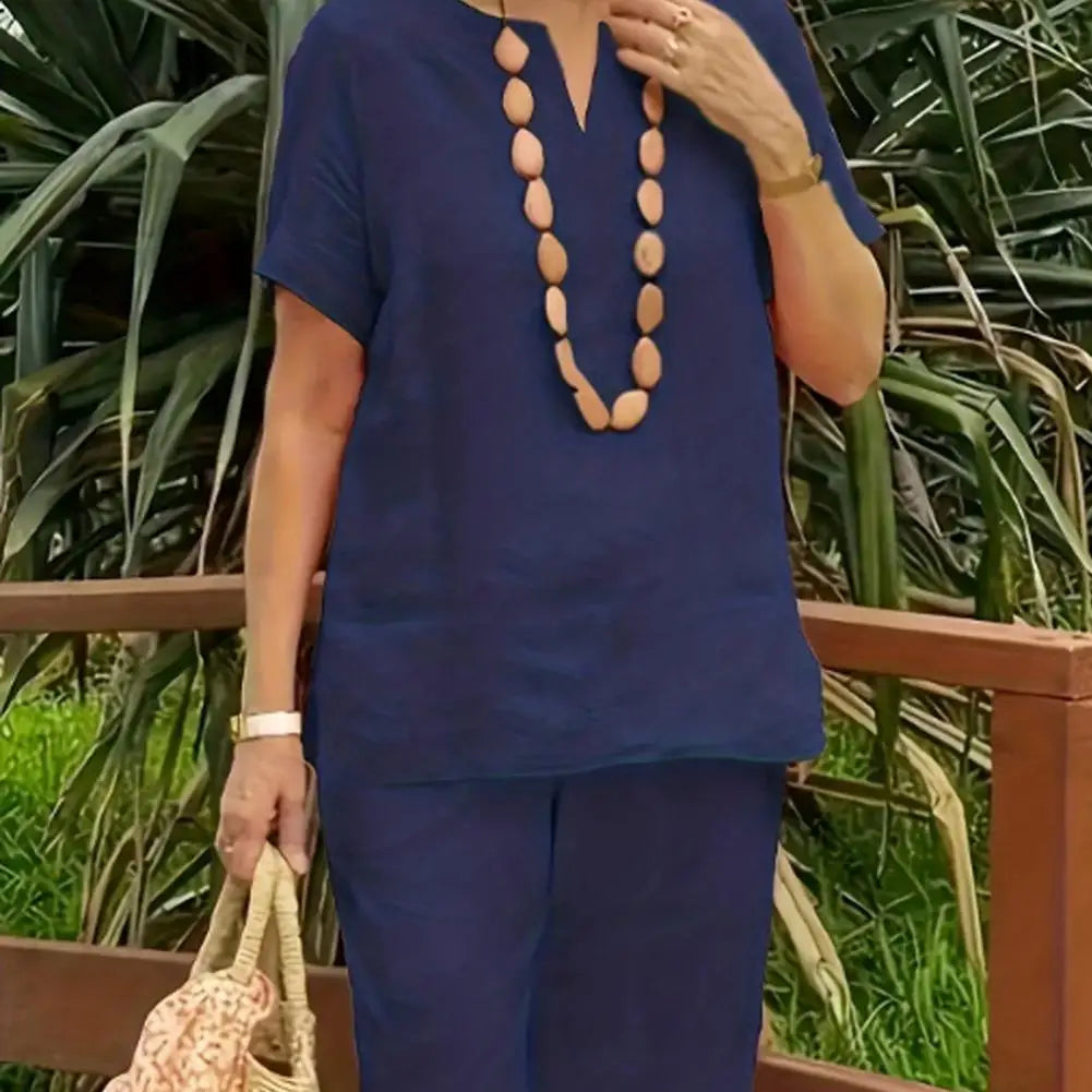 2Pcs Women Blouse Pants Set Solid Color Short Sleeve Loose Top Wide Leg Straight Pants Sets Casual Matching Tracksuit Outfit