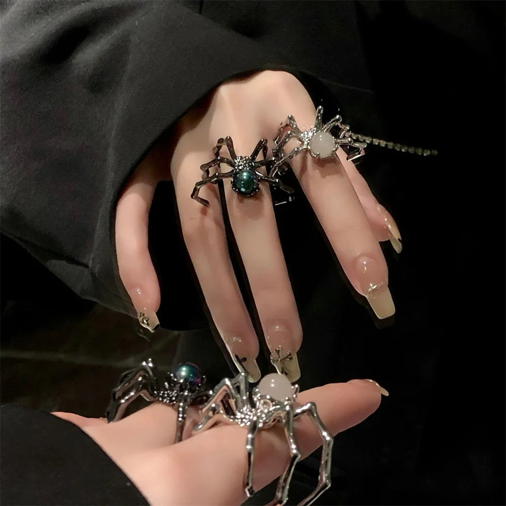Punk Dark Spider Open Ring Retro Moonstone Black Ring For Women New Gothic Jewelry Dropshipping Wholesale Gift Badiee Stylez