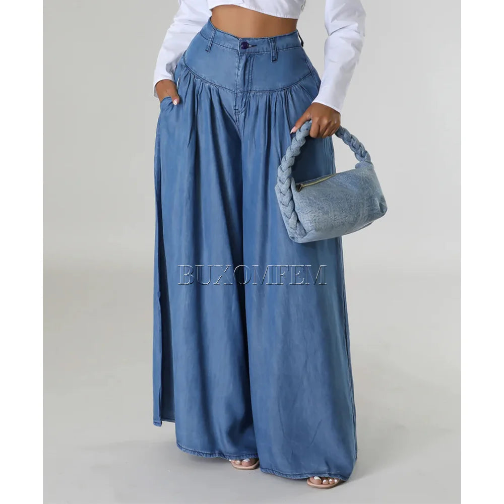 2024 Stylish Fashion New High Waist Jeans Unique Individualretro Chains Straight Leg Wrap Hips Casual Daily Trousers for Women Type1 BLU
