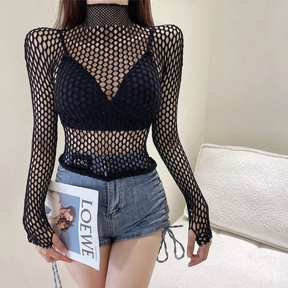 Gothic Sexy Black Fishnet Mesh See Through T-Shirt Women Skinny Goth Hollow Out Long Sleeve Shirts Crop Top Tee Shirt Streetwear High Collar Free Size
