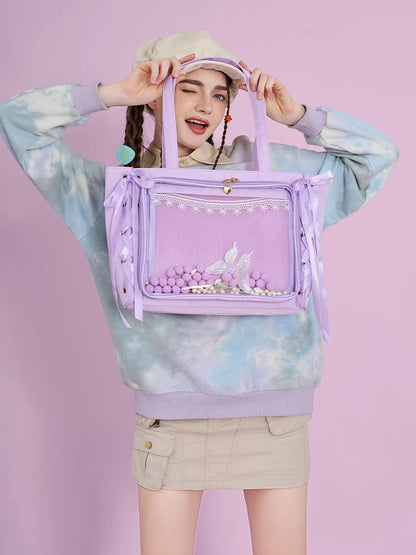 Japanese Large Capacity Satin Ribbon Ita Bag Sweet Girl Anime Transparent Tote Bag Lolita Shoulder Bags Clear Pvc Handbags