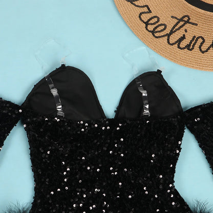 Women's Elegant Sequined Feather Slim Patchwork Bodysuits Spring Summer New Sexy Bodysuits Women Long Sleeve Backless Bodysuits