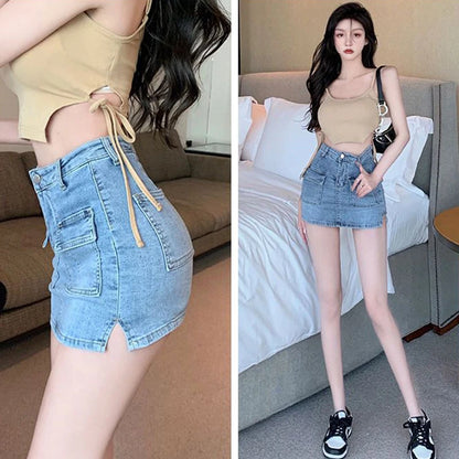Xpqbb Summer Denim Short Skirt for Women Sexy Slim High Wiast Wrap Hip Mini Skirts Woman Korean Chic Pockets Shorts Jeans Skirt Badiee Stylez