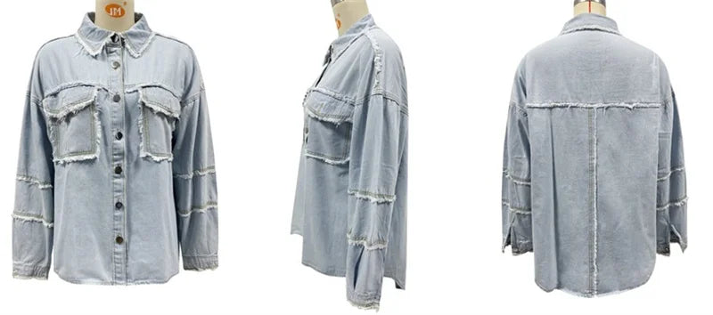 2025 Spring Autumn Shirt Style Denim Jacket Women Holes Raw-edges Jeancoat Casual Tops Female Oversize Loose Outerwear 7 Colors