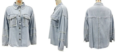2025 Spring Autumn Shirt Style Denim Jacket Women Holes Raw-edges Jeancoat Casual Tops Female Oversize Loose Outerwear 7 Colors