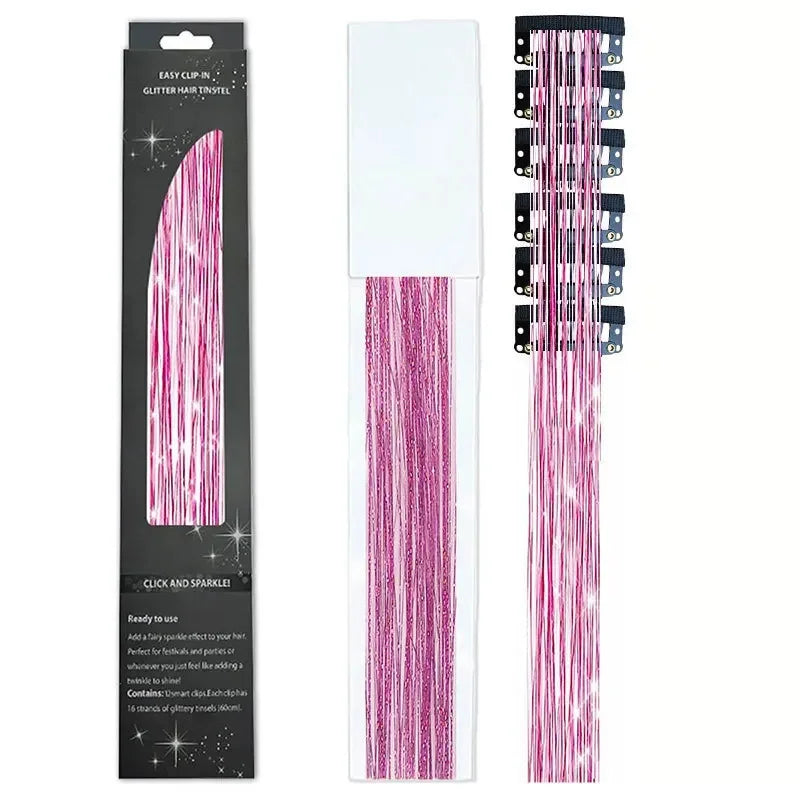 6-Piece Set BB Clip Tinsel Hair Metal Laser Gold Thread PET Laser Thread Highlighting Cross-Border Hair Accessories BB clip laser rose red tassel (6 black boxed)