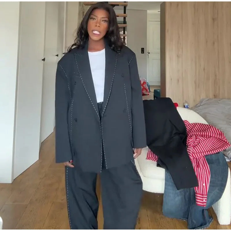 Casual Women's Blazer Pant Suits Loose Lapel Doube-Breasted Top Straight Pants Lady Set 2025 Autumn New 2 Pieces Sets Women Badiee Stylez