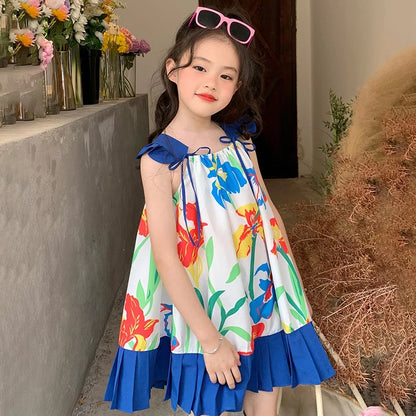 Girl Suspender Fluffy Dress Korean Style Summer Kids Flowers Printing Beach Princess Skirt Girls Breathable Knee-Length Dress