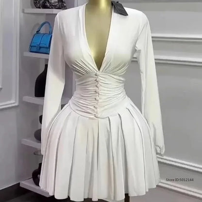 Women's Party Mini Dress 2025 Spring/summer Latest Casual Sexy Plunge Ruched Lantern Sleeve Button Daily A Line Short Skirt B