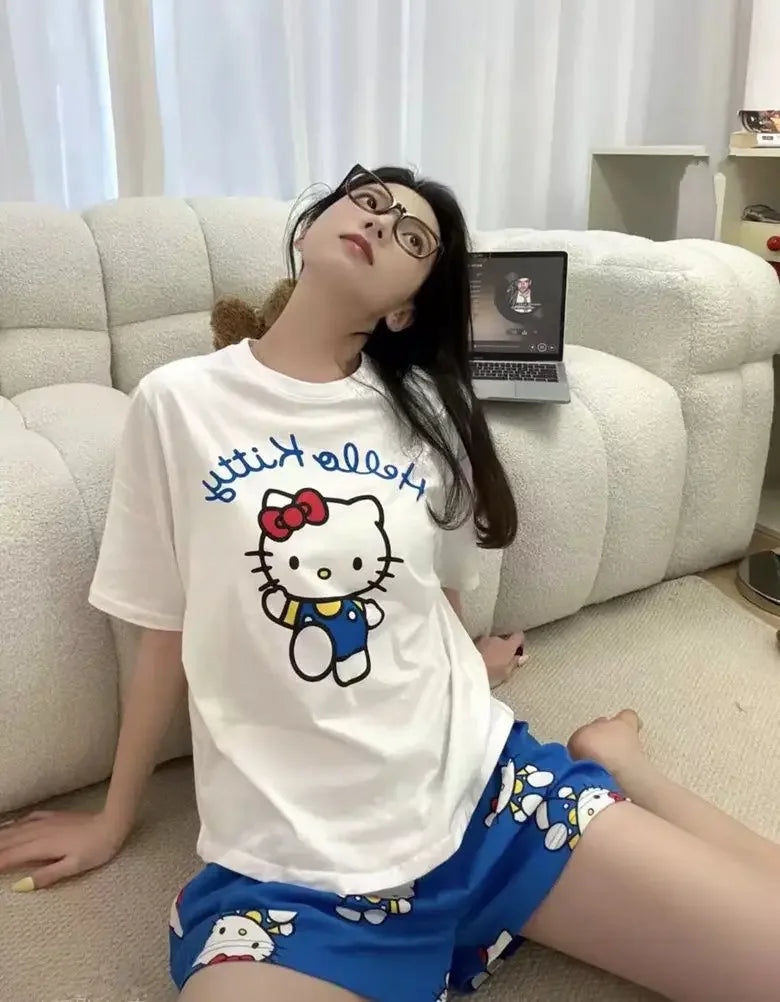 Hello Kitty Summer White & Blue Pajama Set Women's Short Sleeve Shorts with Lace Accents Soft Breathable Loungewear Home Comfort