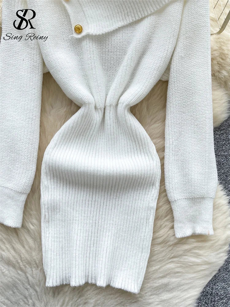 SINGREINY Autumn Knitwear Bodycon Dress Diagonal Collar High Elastic Slim Fit Design Female Light Luxury Solid Sweater Dress