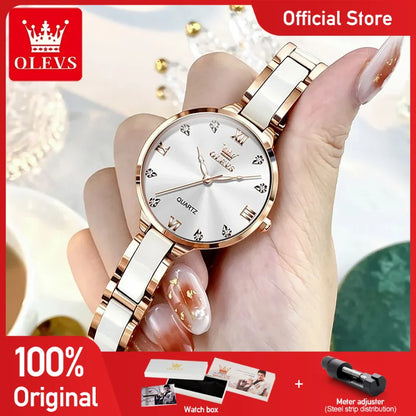 OLEVS 5872 Women Watch Elegant Luxury Original Quartz Watch Waterproof Luminous Ceramic Strap Watches For Women Bracelet Set