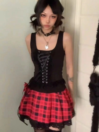 2025 Streetwear Lace Patchwork Tank Tops Women Y2k Aesthetic Halter Crop Top Sweet Bandage Off Shoulder Cross Drawstring Tanks