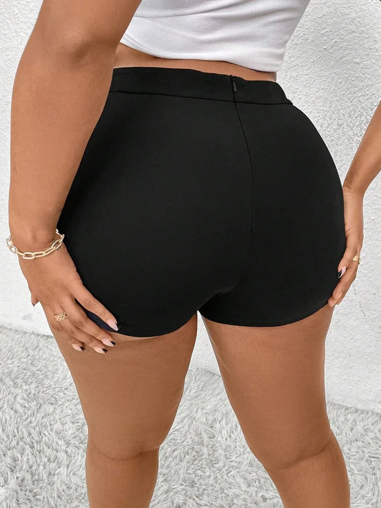 Plus Size Women's Plus Size Pleated Front Hollow Shorts High Waisted Asymmetric Mini Shorts Solid Colour