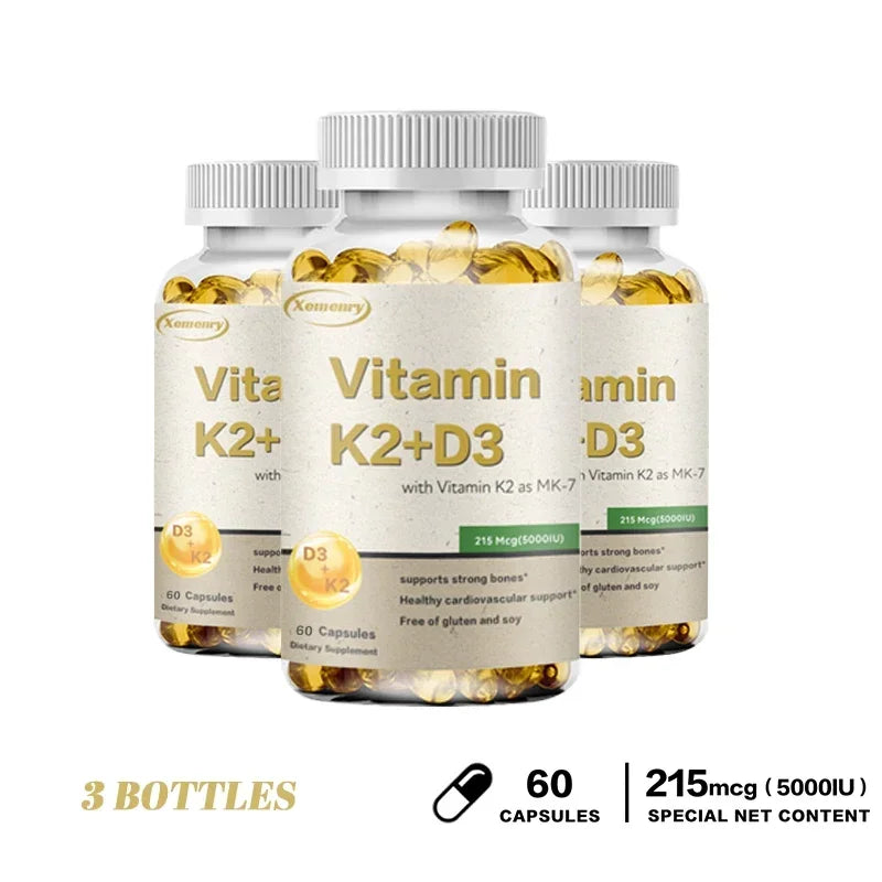 Vitamin K2 + D3 Supplement - Promotes Calcium Absorption, Helps Promote Bone, Teeth, Joints, Heart Immune Health 60 Capsule-3bottles