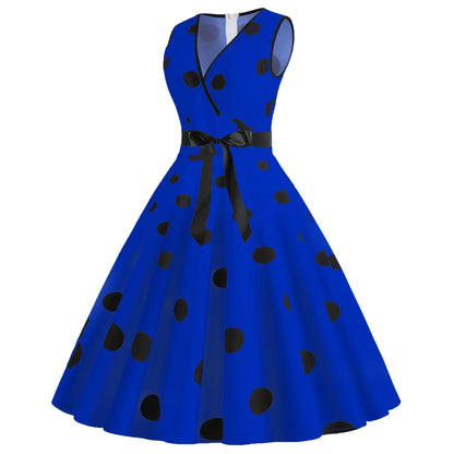 Summer V-neck sleeveless polka dot lace-up waist tucked vintage swing dress