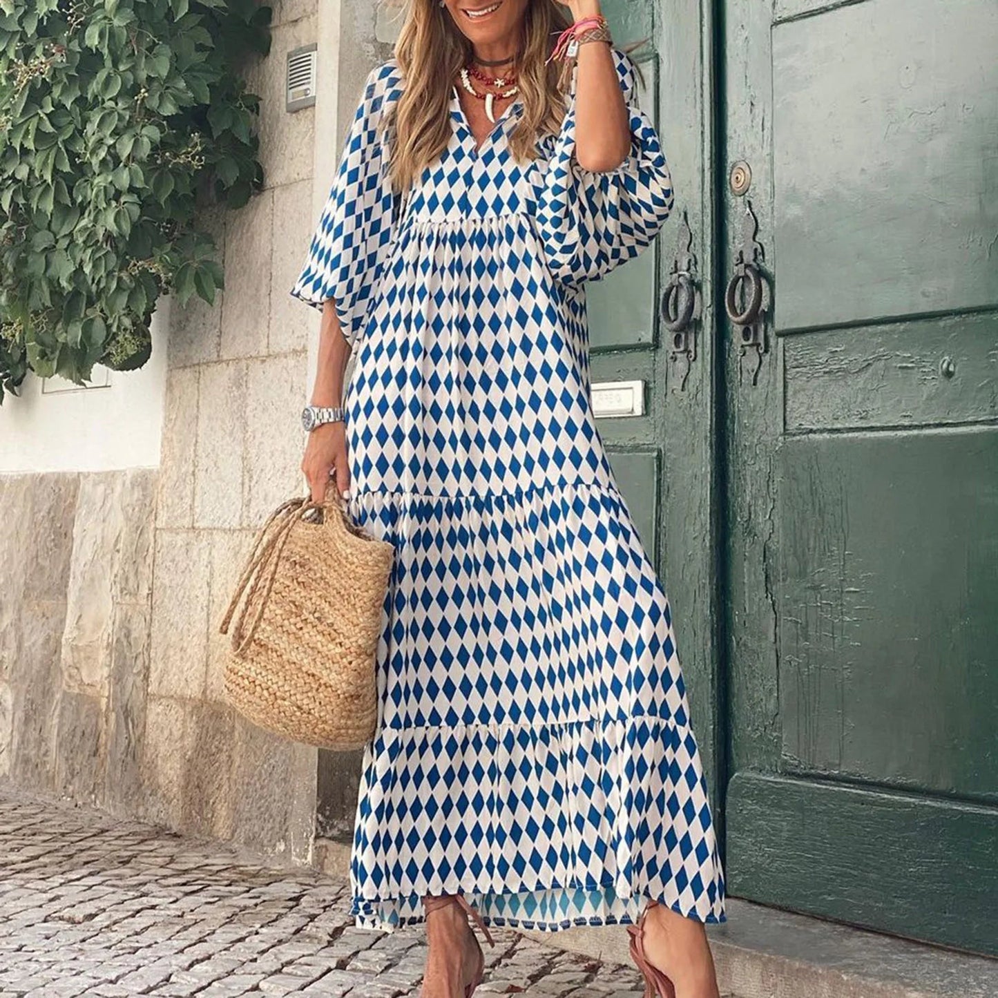 Puff Sleeve Boho Maxi Dress Elegant Women Summer 2022 Casual Floral Drawstring V-Neck Loose Holiday Beach Dresses Party Vestidos Badiee Stylez