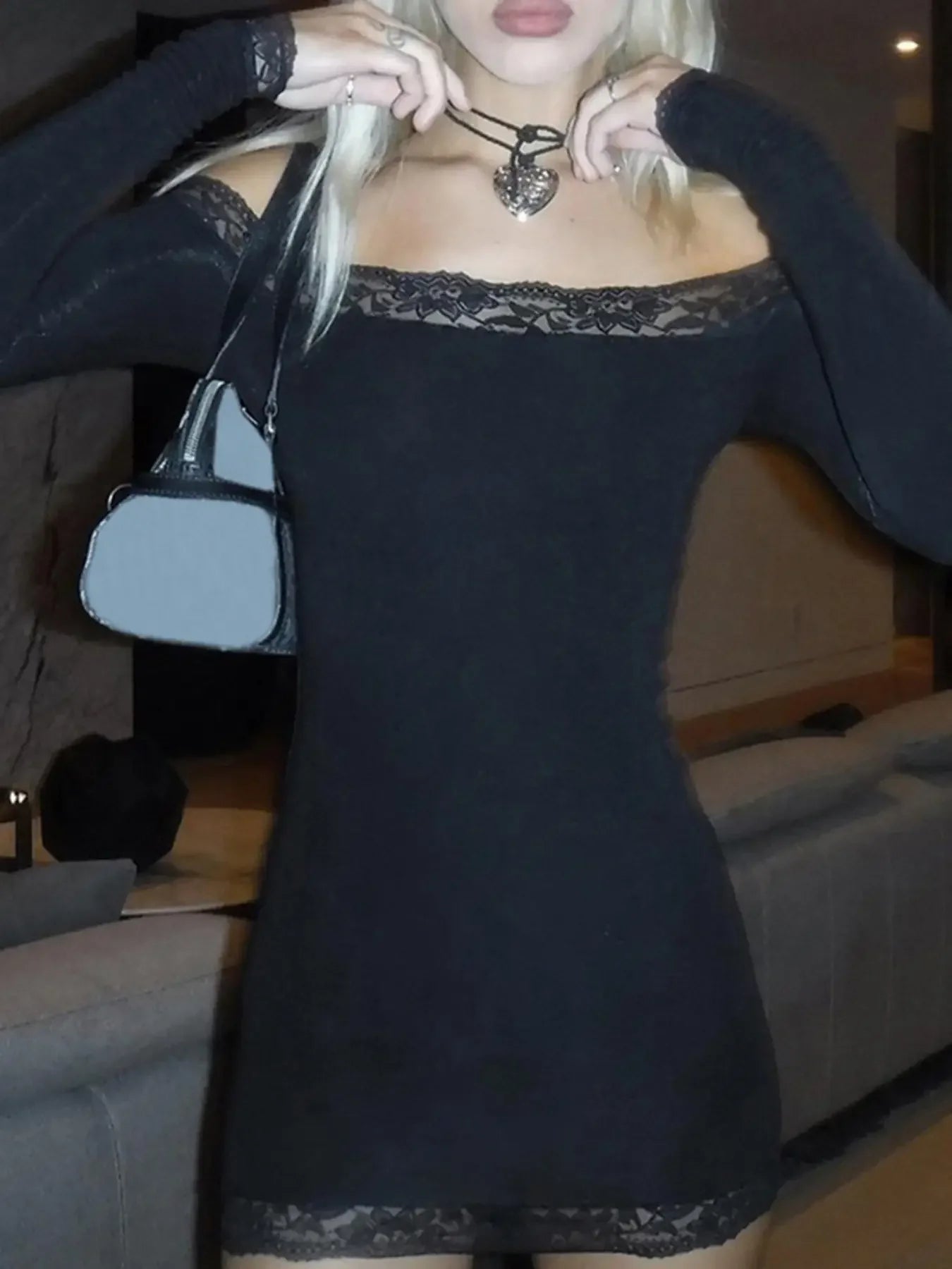 Rockmore Women's Lace Off Shoulder Bodycon Dress Elegant Long Sleeve Mini Dress for Party Club Dating Ladies Spring Fall Clothes