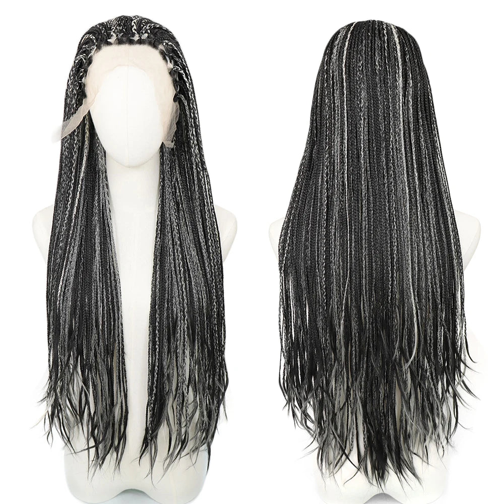 Ombre Blue Box Braided Wigs for Women 26inch Knotless Goddess Box Braid Lace Front Wig Colored Crochet Braid Synthetic Wig Highlight Black 26inches 13x3 Lace Front