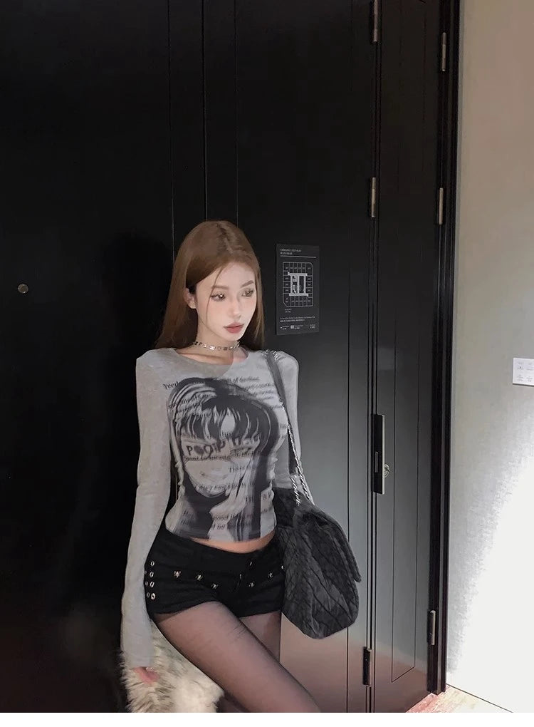 Vintage Women Y2K Clothes T-shirt Cotto Blusas O-neck Long Sleeve Tops Print Tunic Grunge Woman Clothing Fashion Casual Crop Top