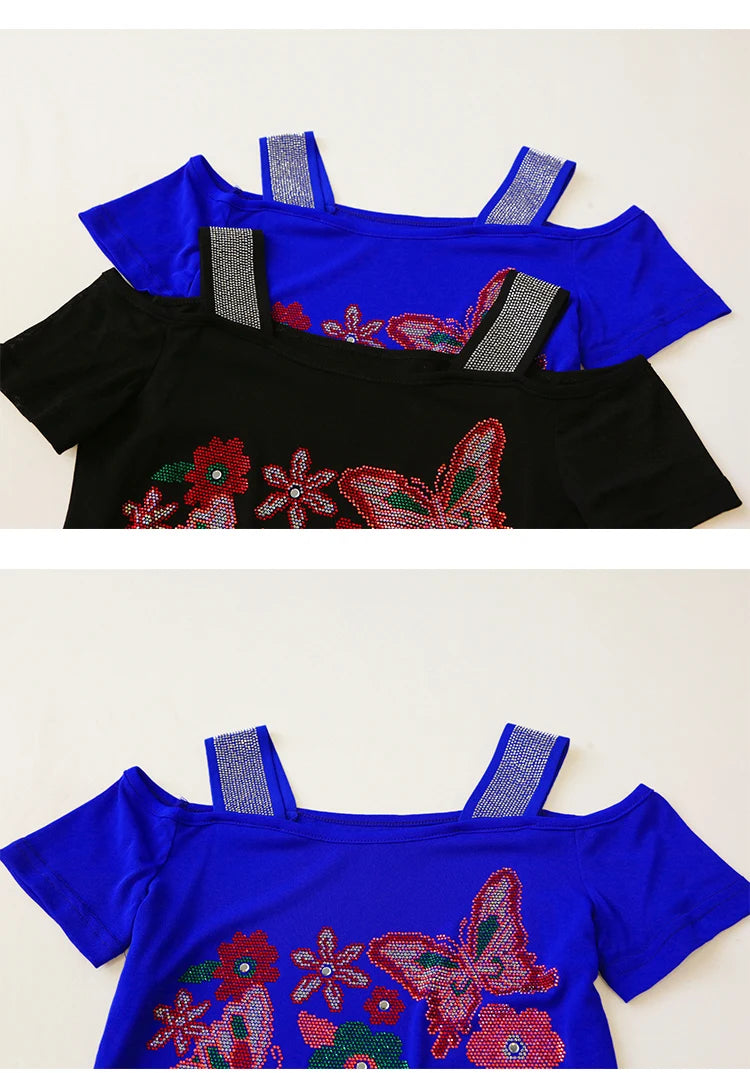 New Arrival Summer European Clothes Women's T-Shirts Chic Luxury Butterfly Hot Diamonds Tees Sexy Girl Slim Streetwear Tops