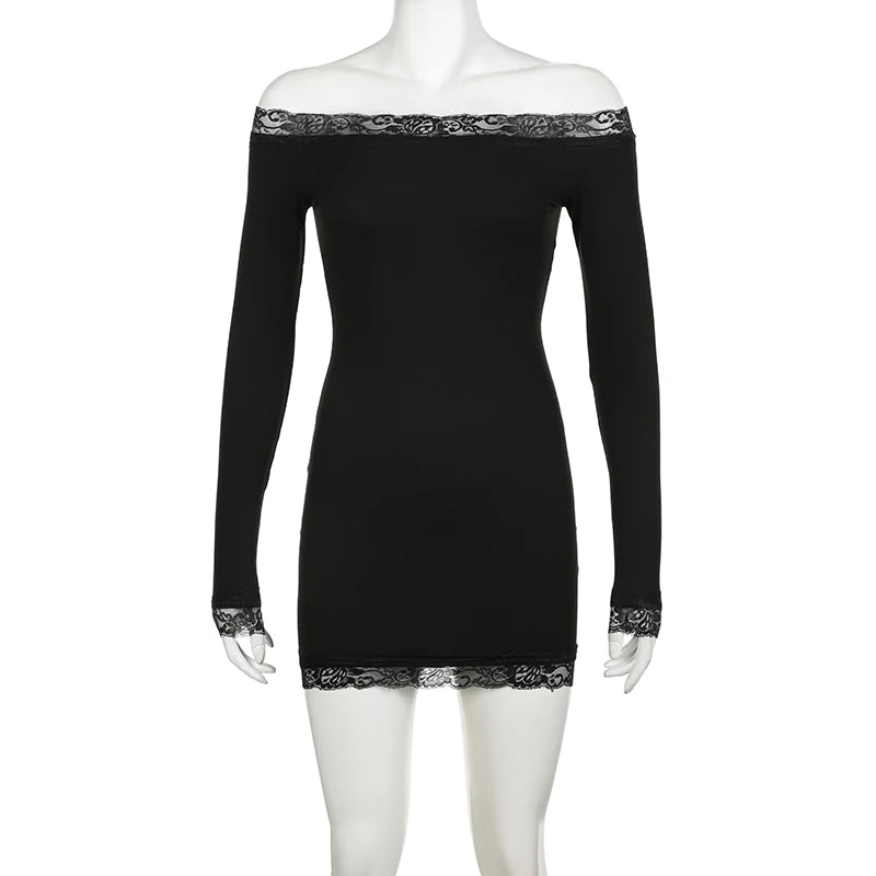 Rockmore Women's Lace Off Shoulder Bodycon Dress Elegant Long Sleeve Mini Dress for Party Club Dating Ladies Spring Fall Clothes