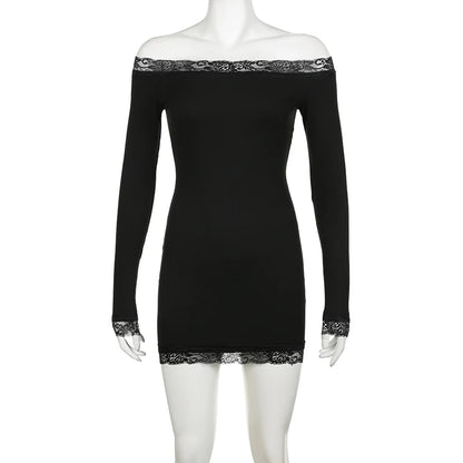 Rockmore Women's Lace Off Shoulder Bodycon Dress Elegant Long Sleeve Mini Dress for Party Club Dating Ladies Spring Fall Clothes