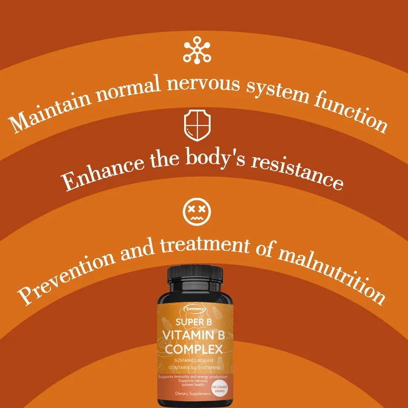 Vitamin B Complex Capsules - Reduce Stress, Promotes Nervous System Healthy, Strong Bones &Teeth, Boost Immunity