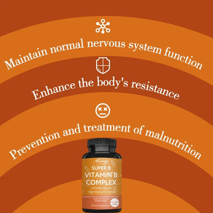 Vitamin B Complex Capsules - Reduce Stress, Promotes Nervous System Healthy, Strong Bones &Teeth, Boost Immunity