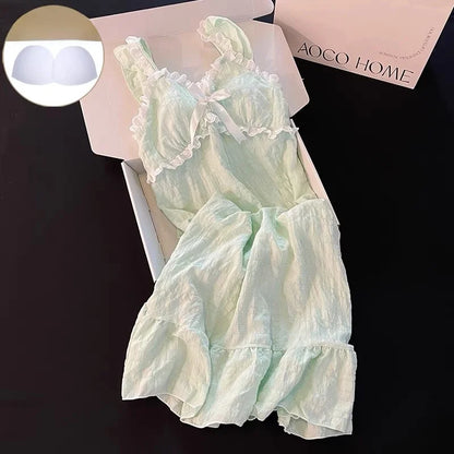 Summer Sexy Strap Spwear Women's ort Pants Loose Fit Home Clothes Set with Chest Pad 2024 New Tread Cotton Thin Woven Green (skirt) syc-3034