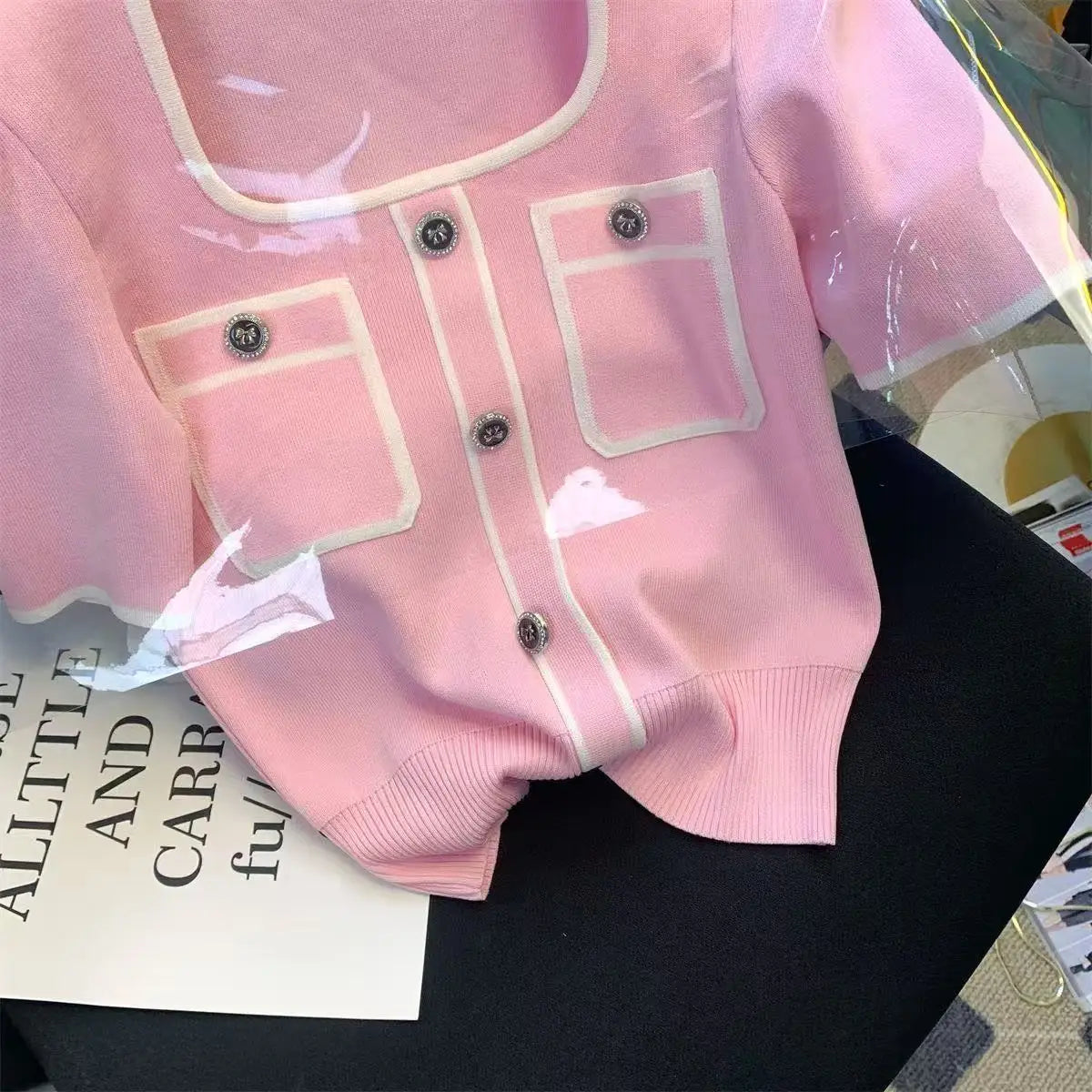 Femme Temperament All-match Patchwork Buttons Square Collar Knitting Top Tee Spring Summer Fashion Loose Short Sleeve T-Shirts