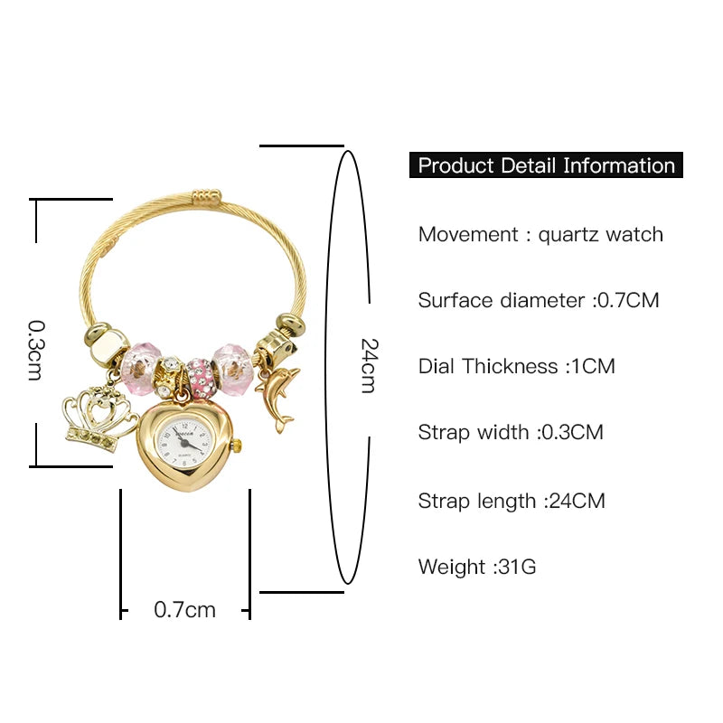 Women's Bracelet Watch Love With Stylish Decor Refined Round Quartz Watch Casual Elegance