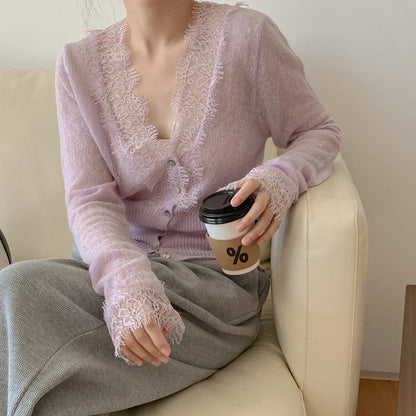 High-fashion Kawaii Botton Up Lace Patchwork Knitted Cardigan Women Autumn Winter Ladies Elegant Vintage Sweater Cheap Wholesale Purple One Size