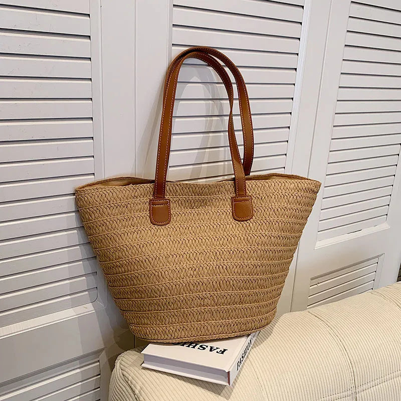 Women's Large Capacity Shoulder Bag Summer Straw Woven Basket Handbag Fashion Female Luxury Designer Beach Bag Bali Shopper Tote khaki