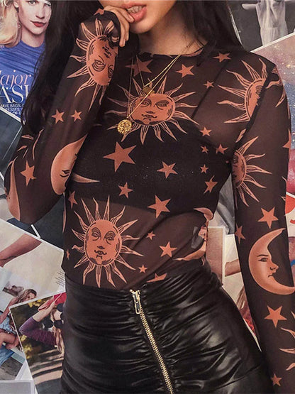 Sun Moon Printed Transparent Mesh Sexy T-Shirt Women O-Neck Long Sleeve Slim Basic Casual Female Tops 2023 Spring New