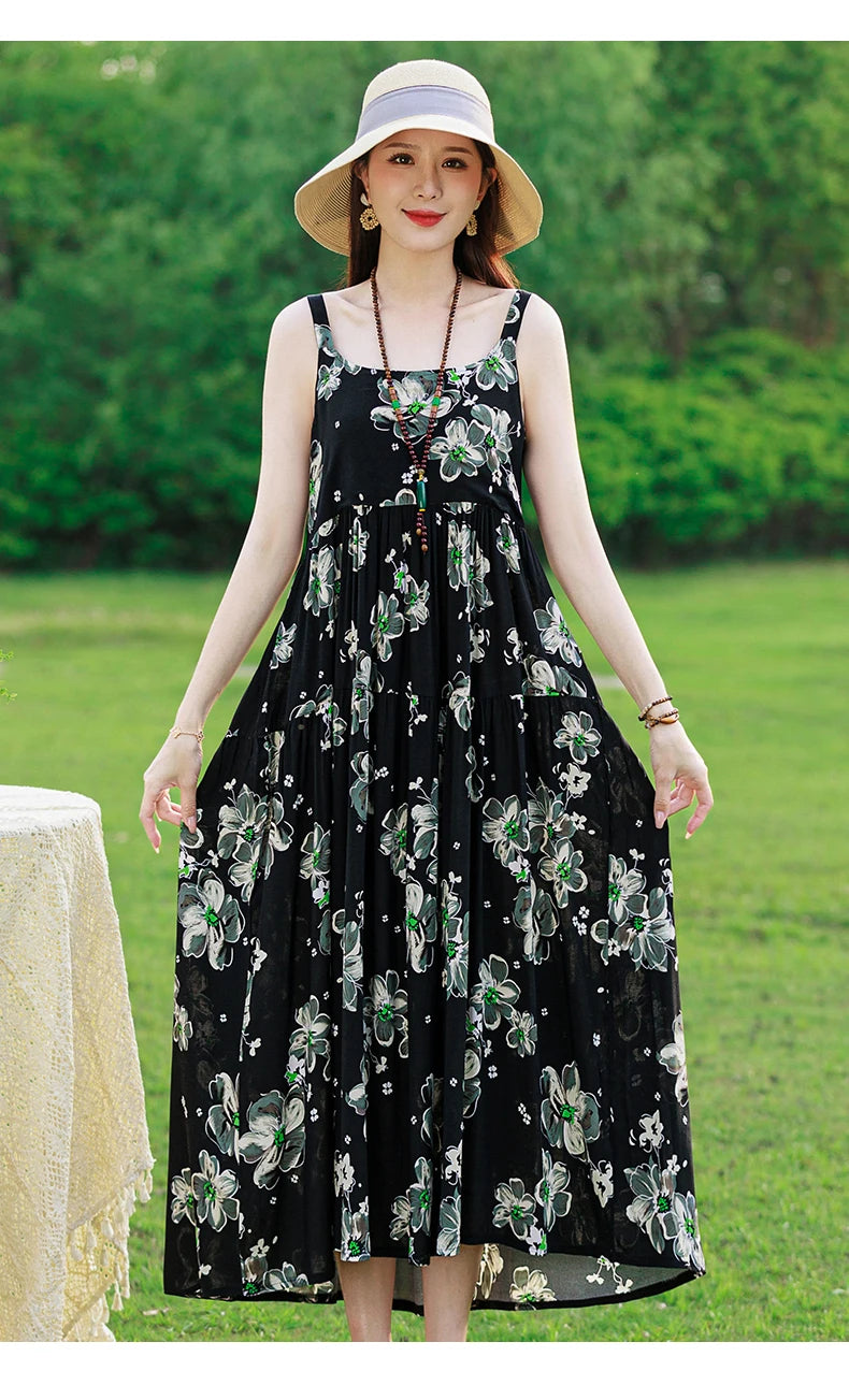 New Fashion Casual 2025 Summer Elegant Dresses For Women O-Neck Print Vintage Sleeveless Dress Loose Women Clothing